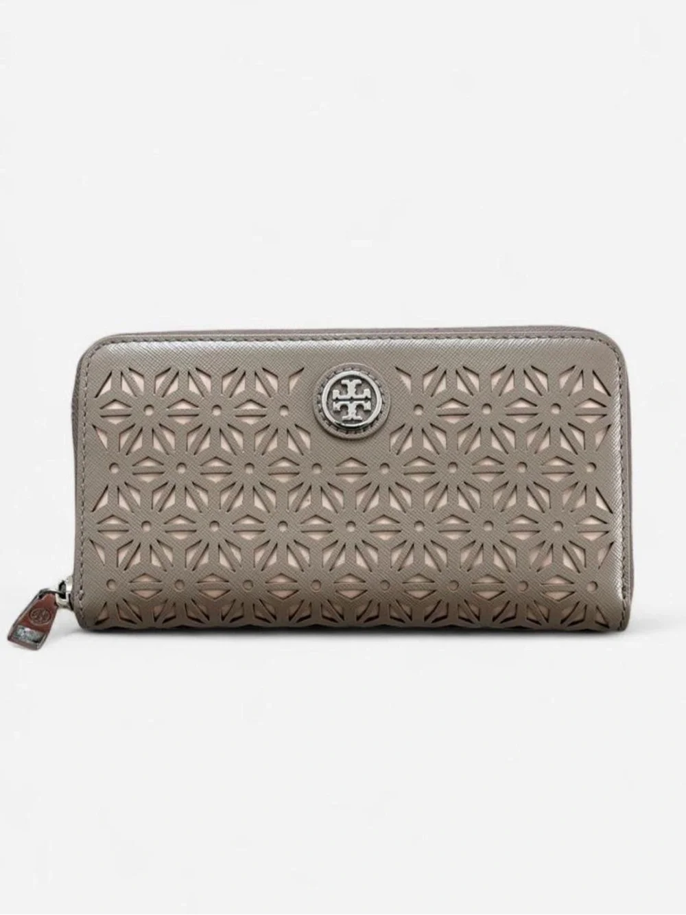 EUC TORY BURCH Laser Cut Leather Zip Continental Wallet in Grey
